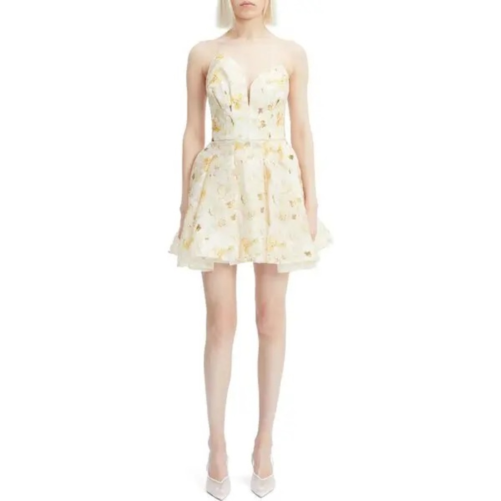 Bardot Strapless Dress in Cream and Yellow Floral